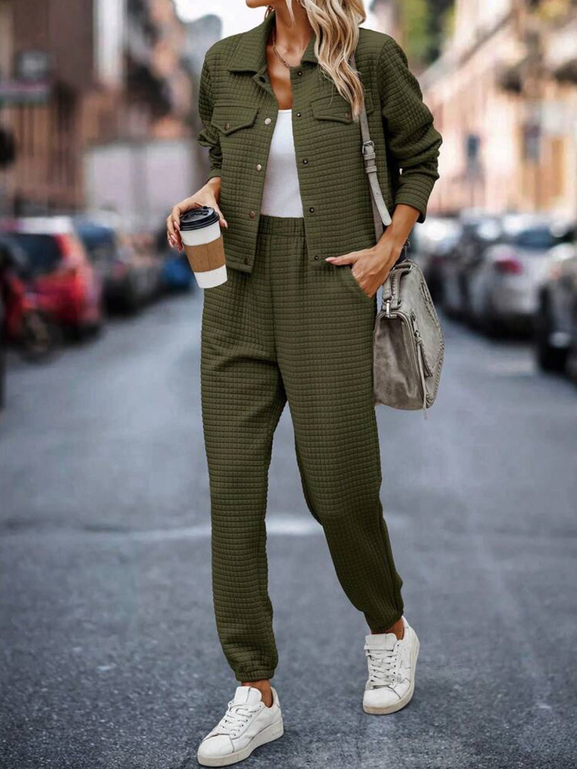 Plaid Texture Snap Down Top and Pants Set - Flip Flop Dynasty