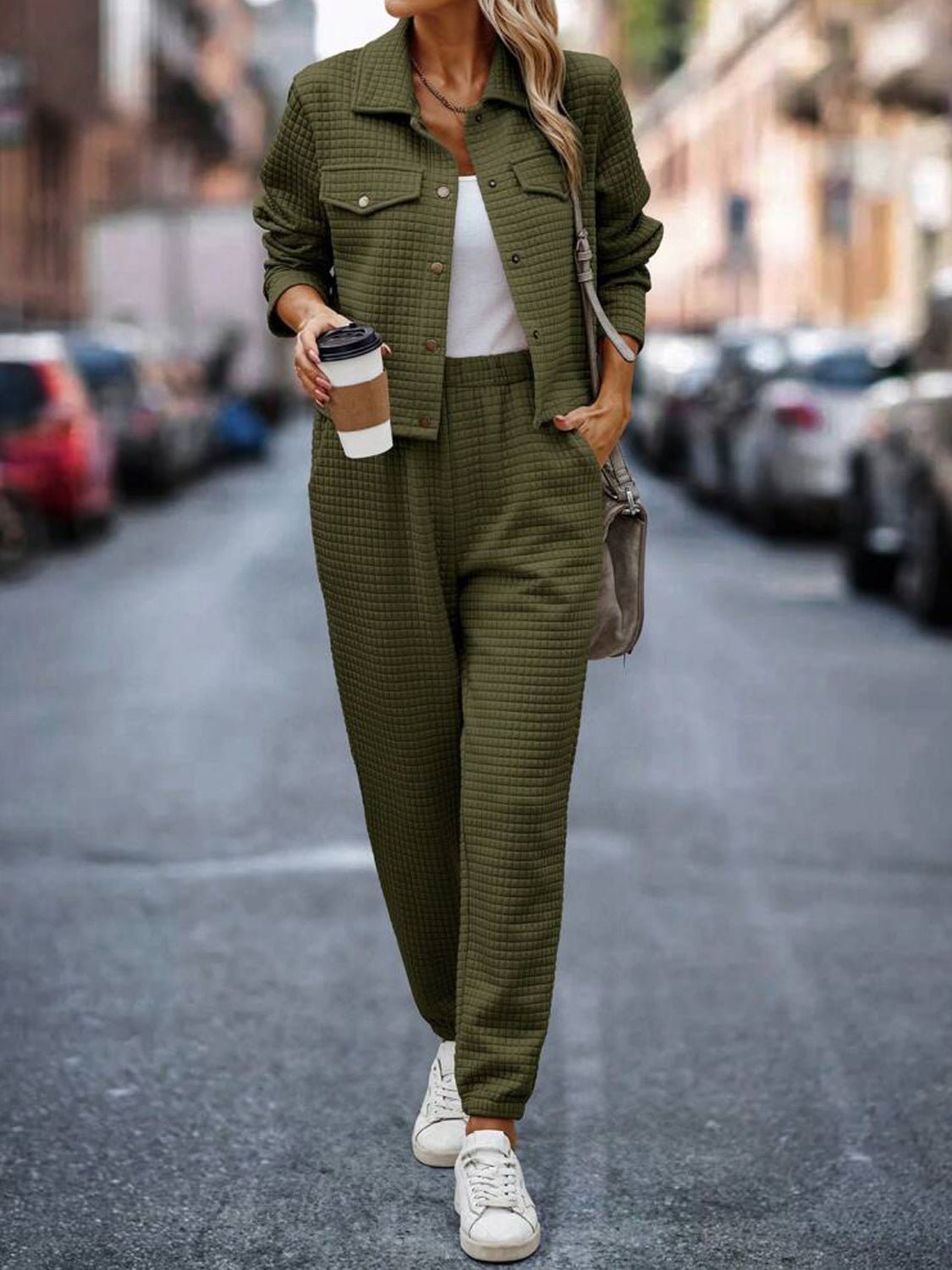 Plaid Texture Snap Down Top and Pants Set - Flip Flop Dynasty