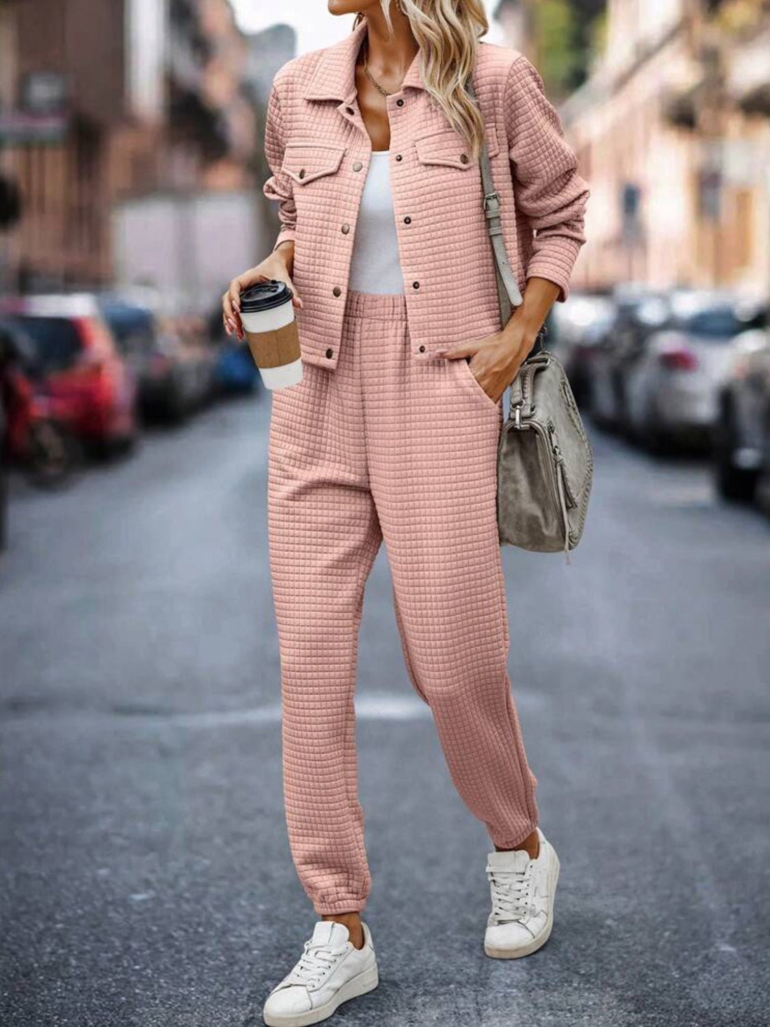 Plaid Texture Snap Down Top and Pants Set - Flip Flop Dynasty