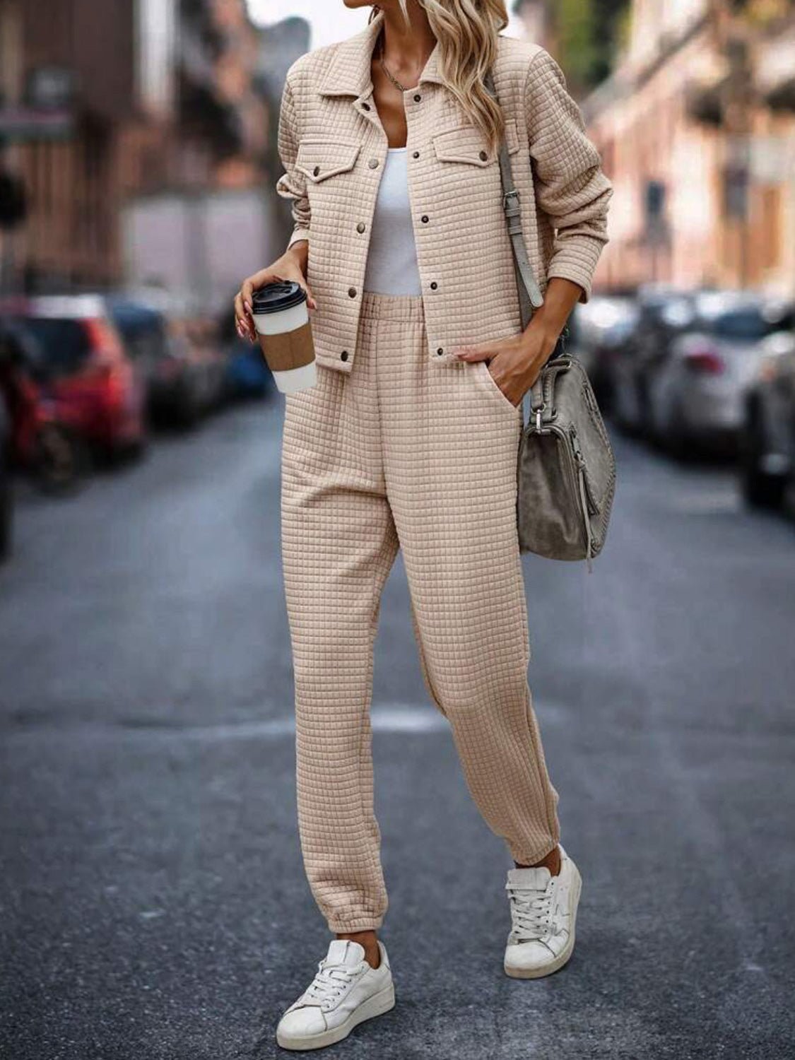 Plaid Texture Snap Down Top and Pants Set - Flip Flop Dynasty