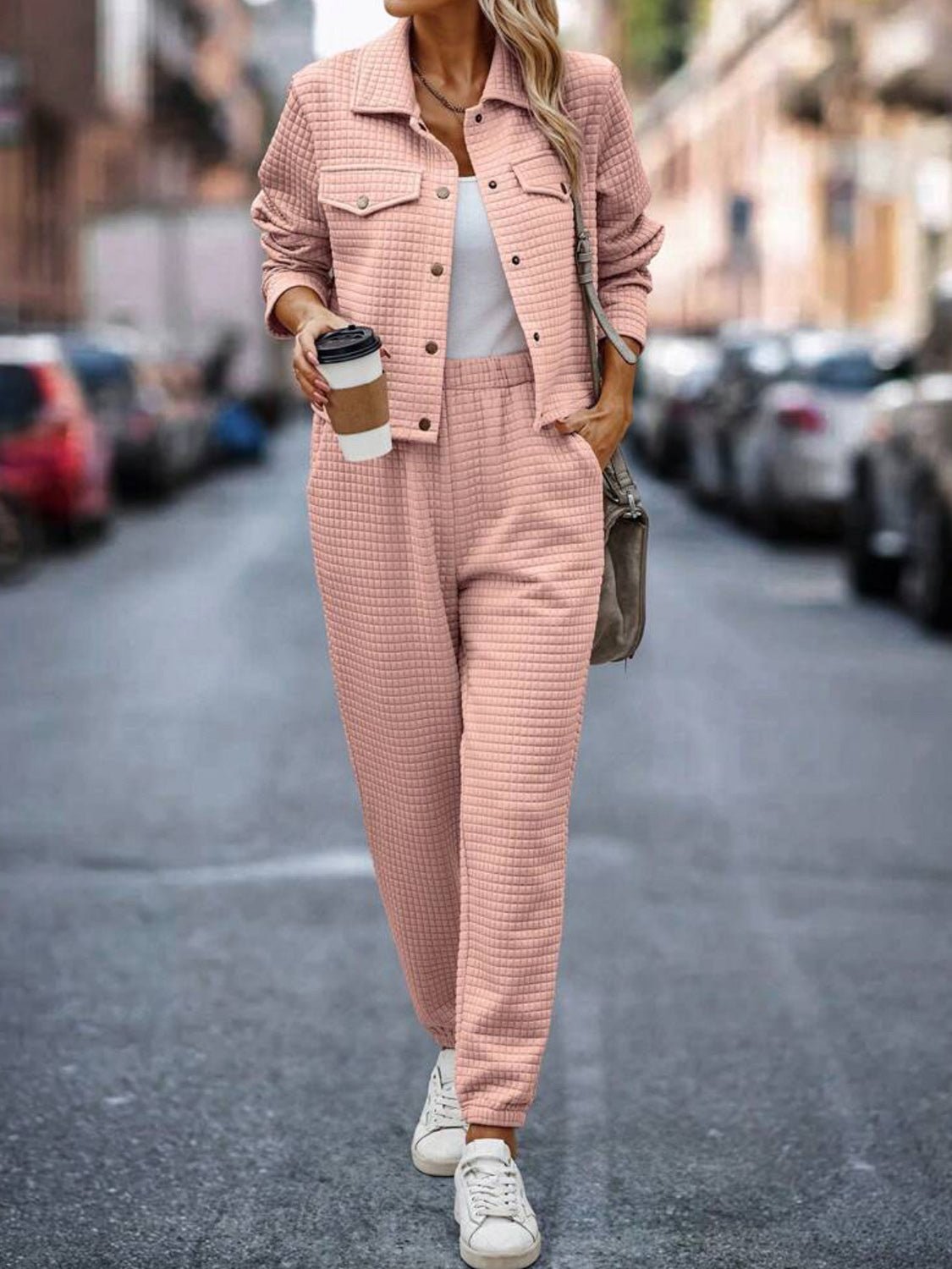 Plaid Texture Snap Down Top and Pants Set - Flip Flop Dynasty