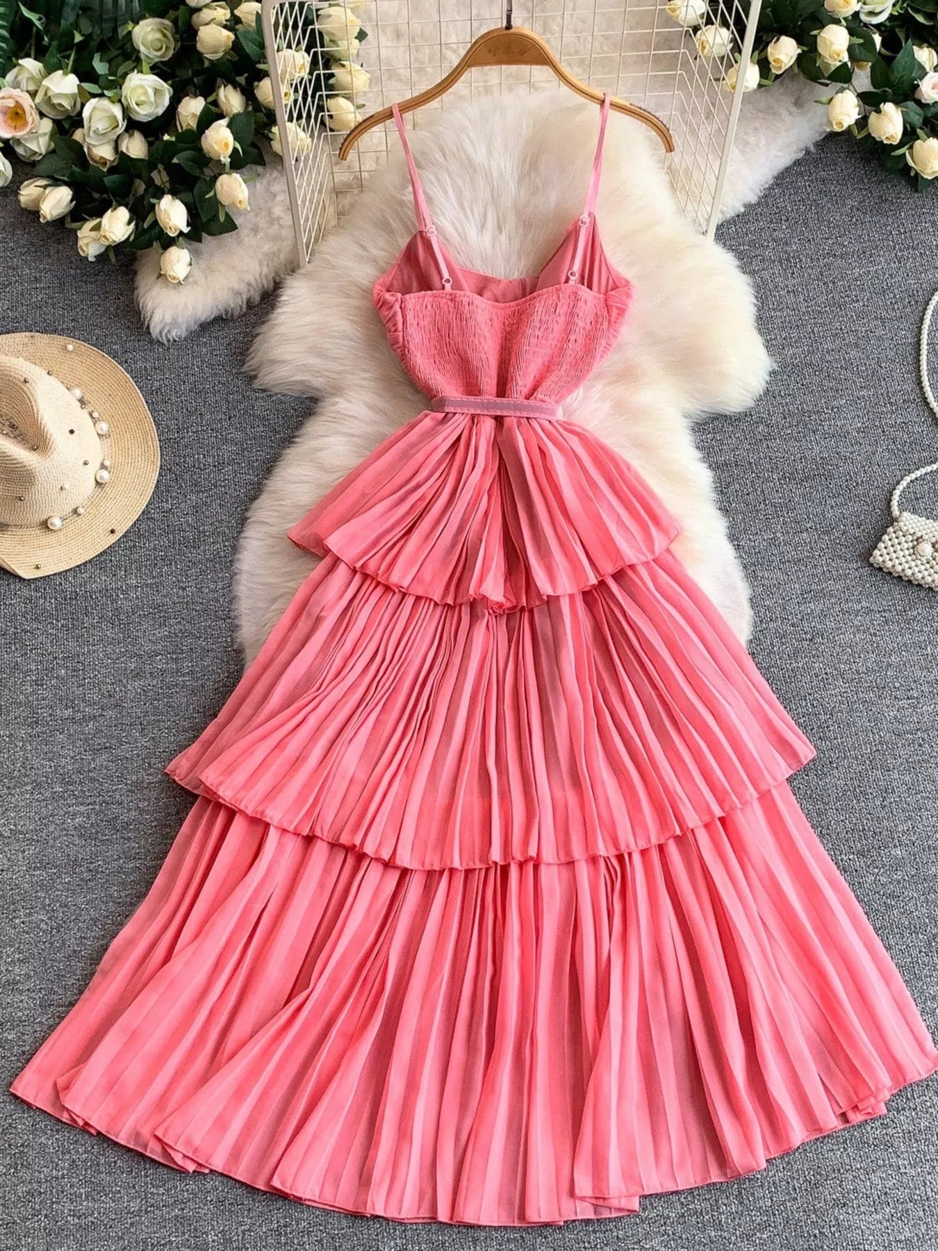 Pleated Layered Spaghetti Strap Midi Dress - Flip Flop Dynasty