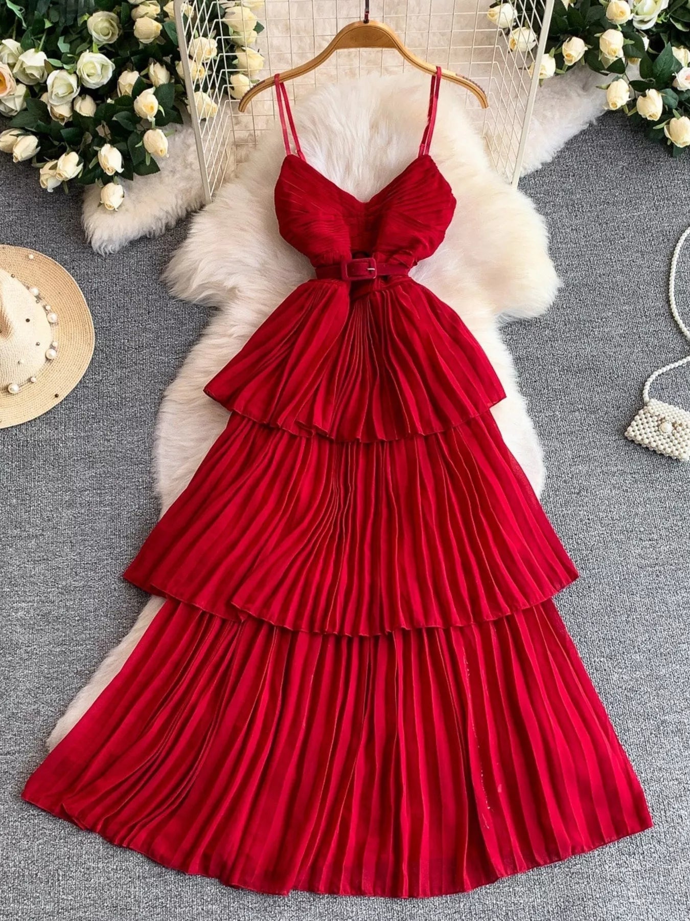 Pleated Layered Spaghetti Strap Midi Dress - Flip Flop Dynasty