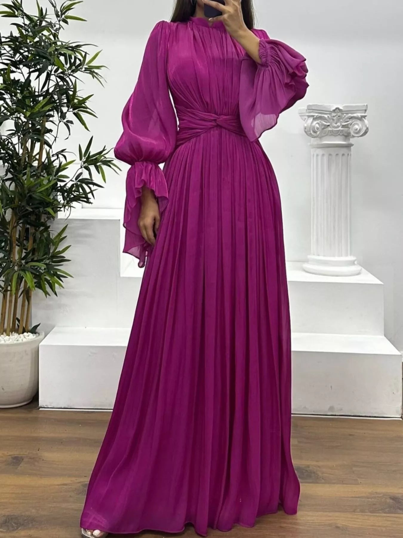 Pleated Mock Neck Long Sleeve Maxi Dress - Flip Flop Dynasty