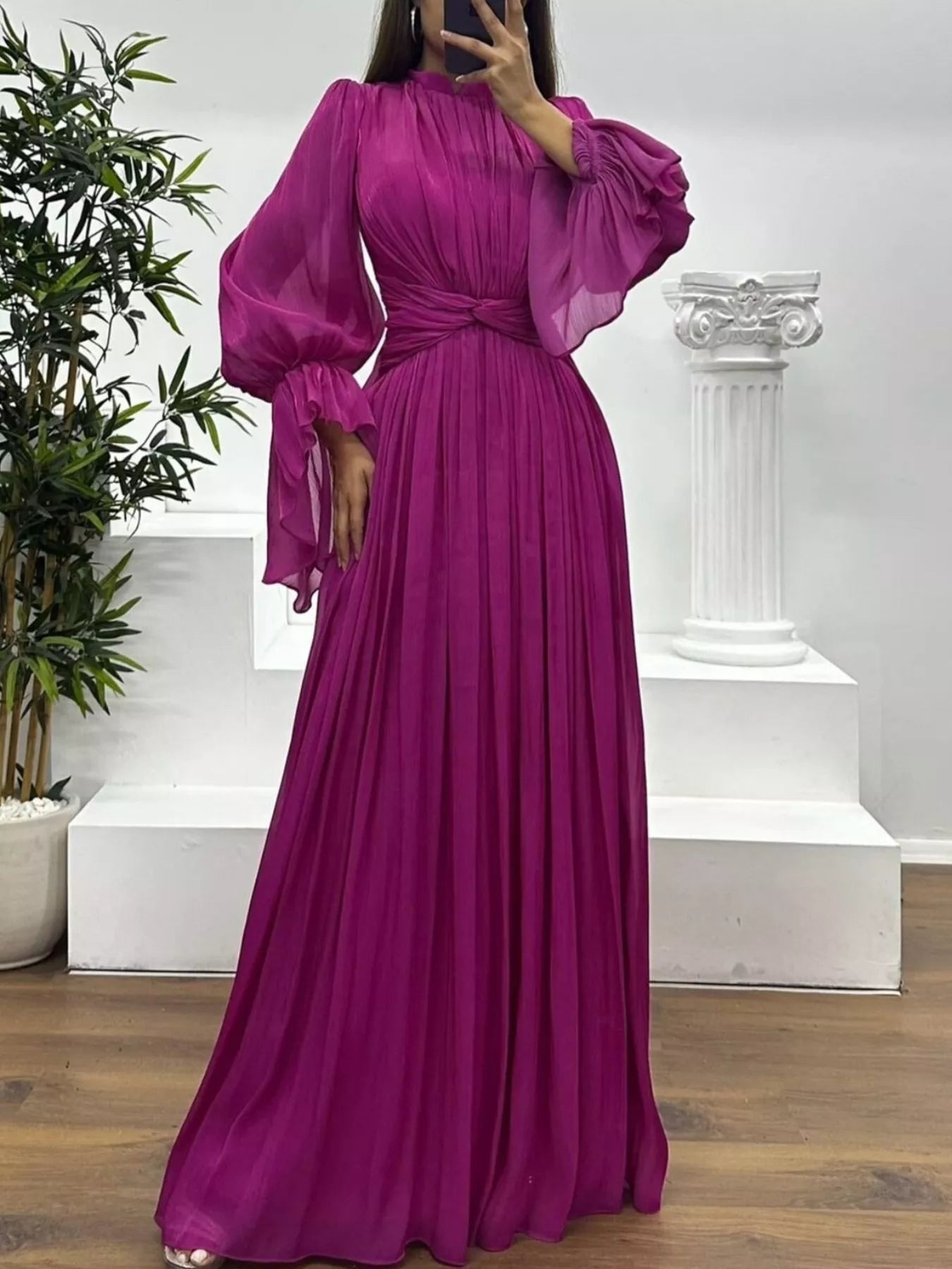 Pleated Mock Neck Long Sleeve Maxi Dress - Flip Flop Dynasty