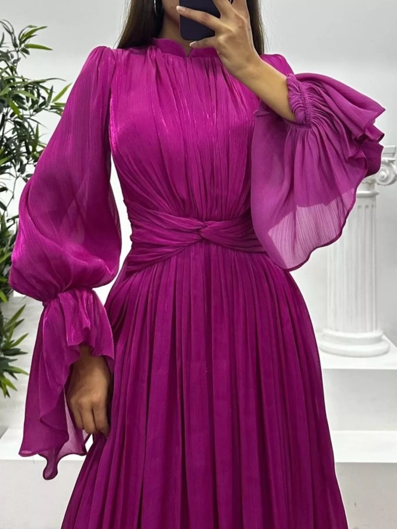 Pleated Mock Neck Long Sleeve Maxi Dress - Flip Flop Dynasty