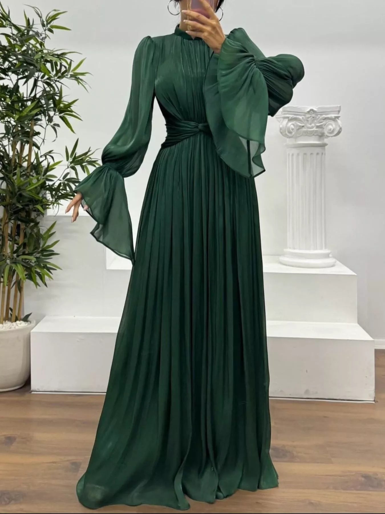 Pleated Mock Neck Long Sleeve Maxi Dress - Flip Flop Dynasty