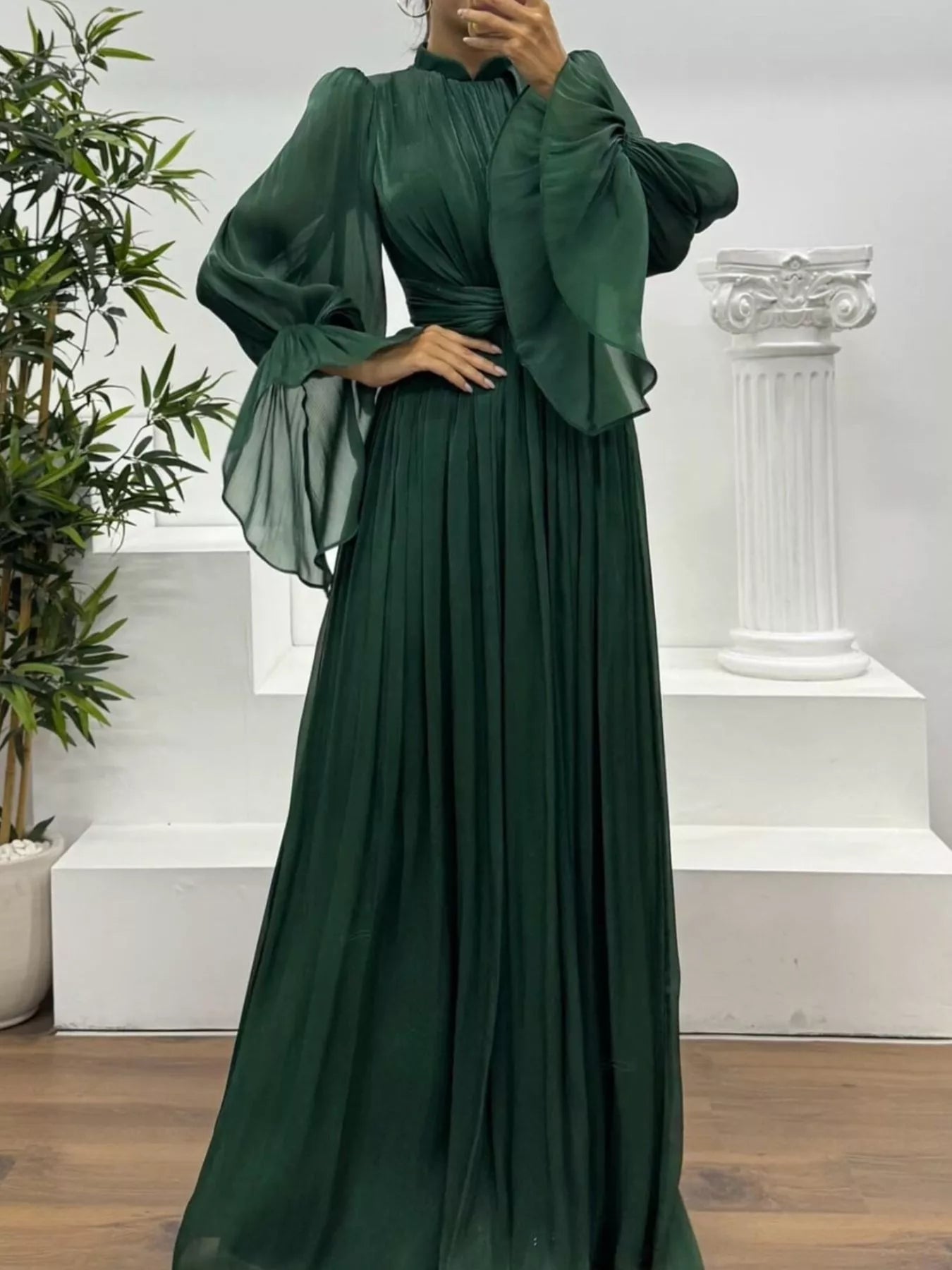 Pleated Mock Neck Long Sleeve Maxi Dress - Flip Flop Dynasty