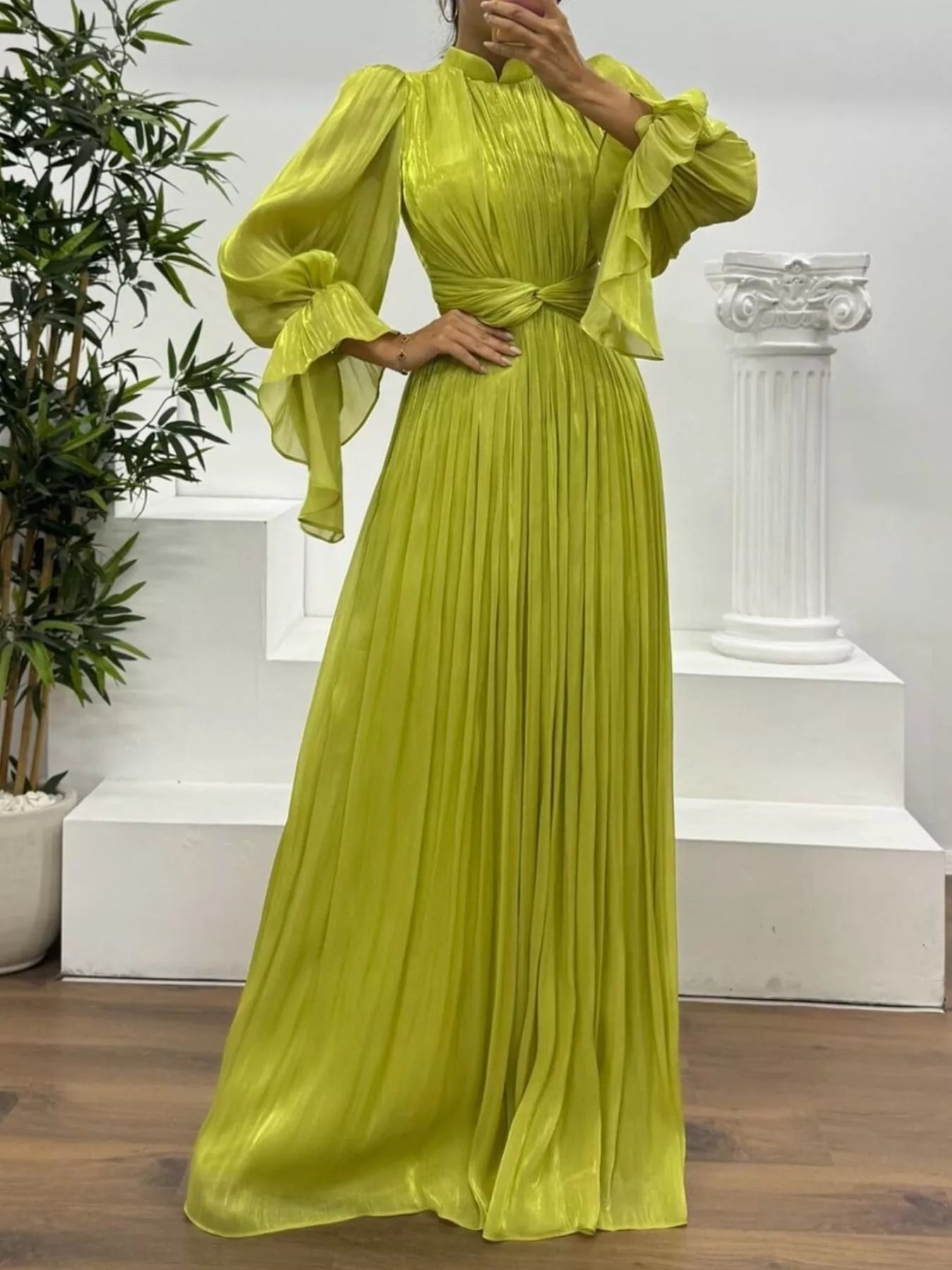 Pleated Mock Neck Long Sleeve Maxi Dress - Flip Flop Dynasty