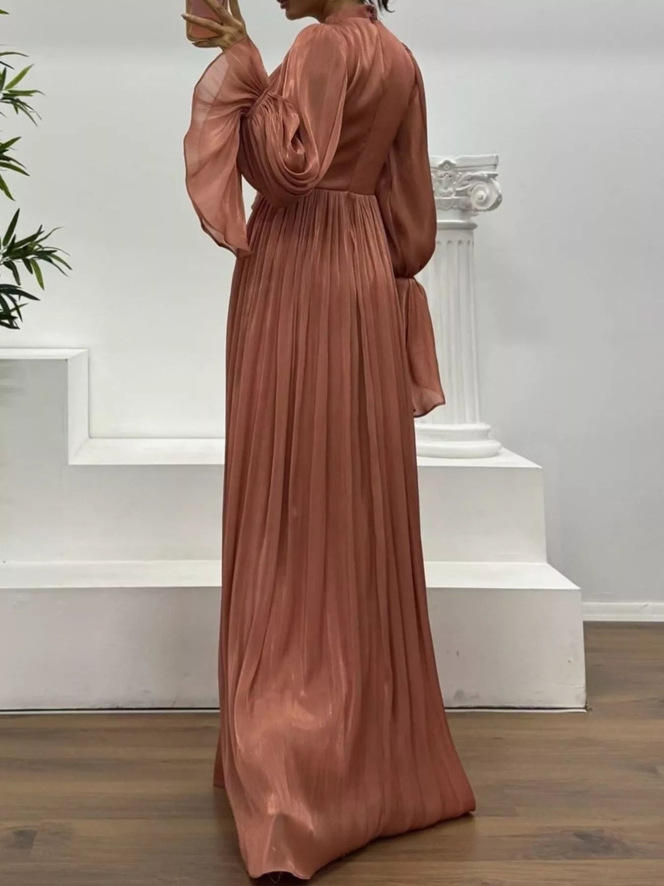 Pleated Mock Neck Long Sleeve Maxi Dress - Flip Flop Dynasty