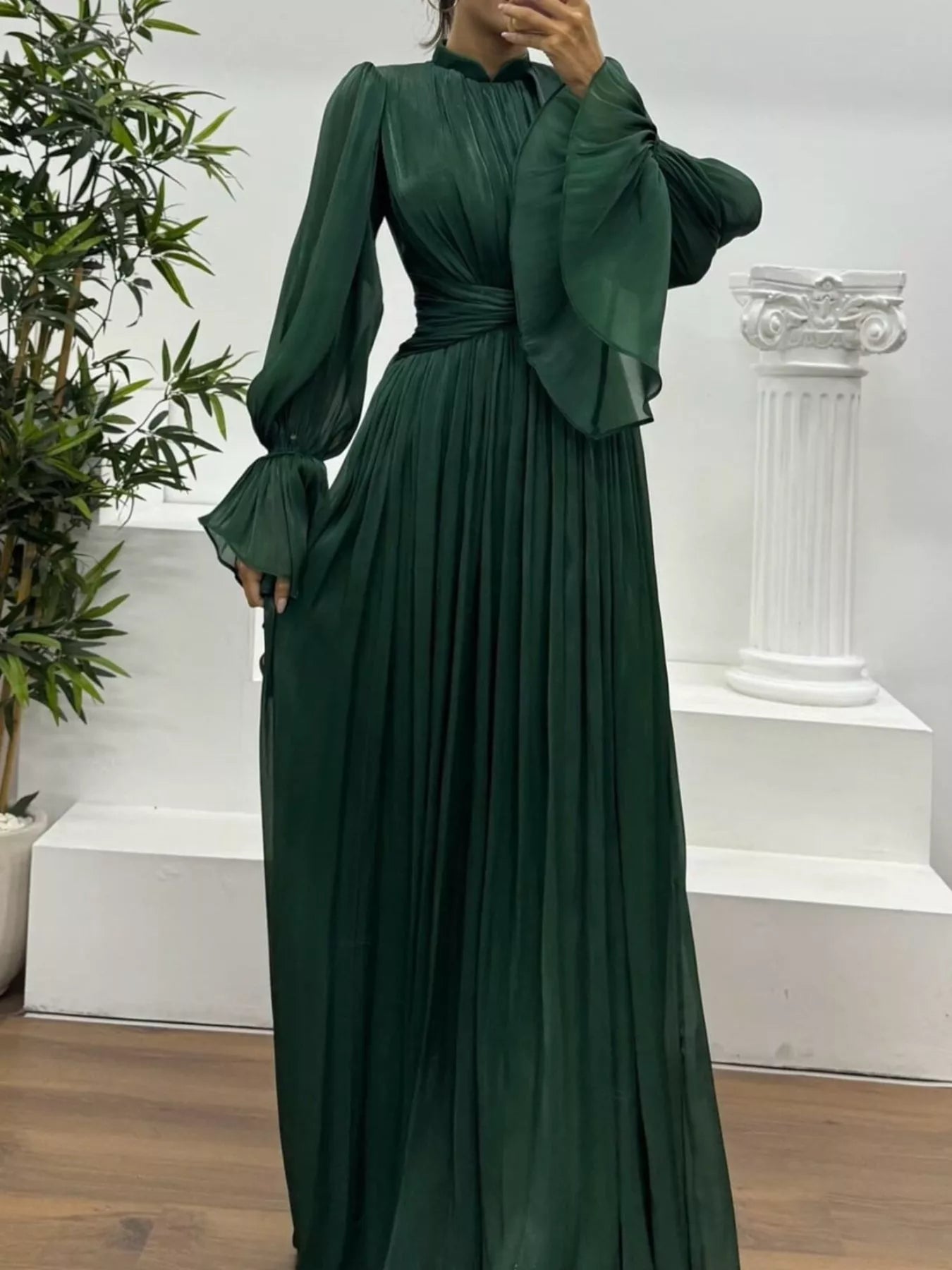 Pleated Mock Neck Long Sleeve Maxi Dress - Flip Flop Dynasty