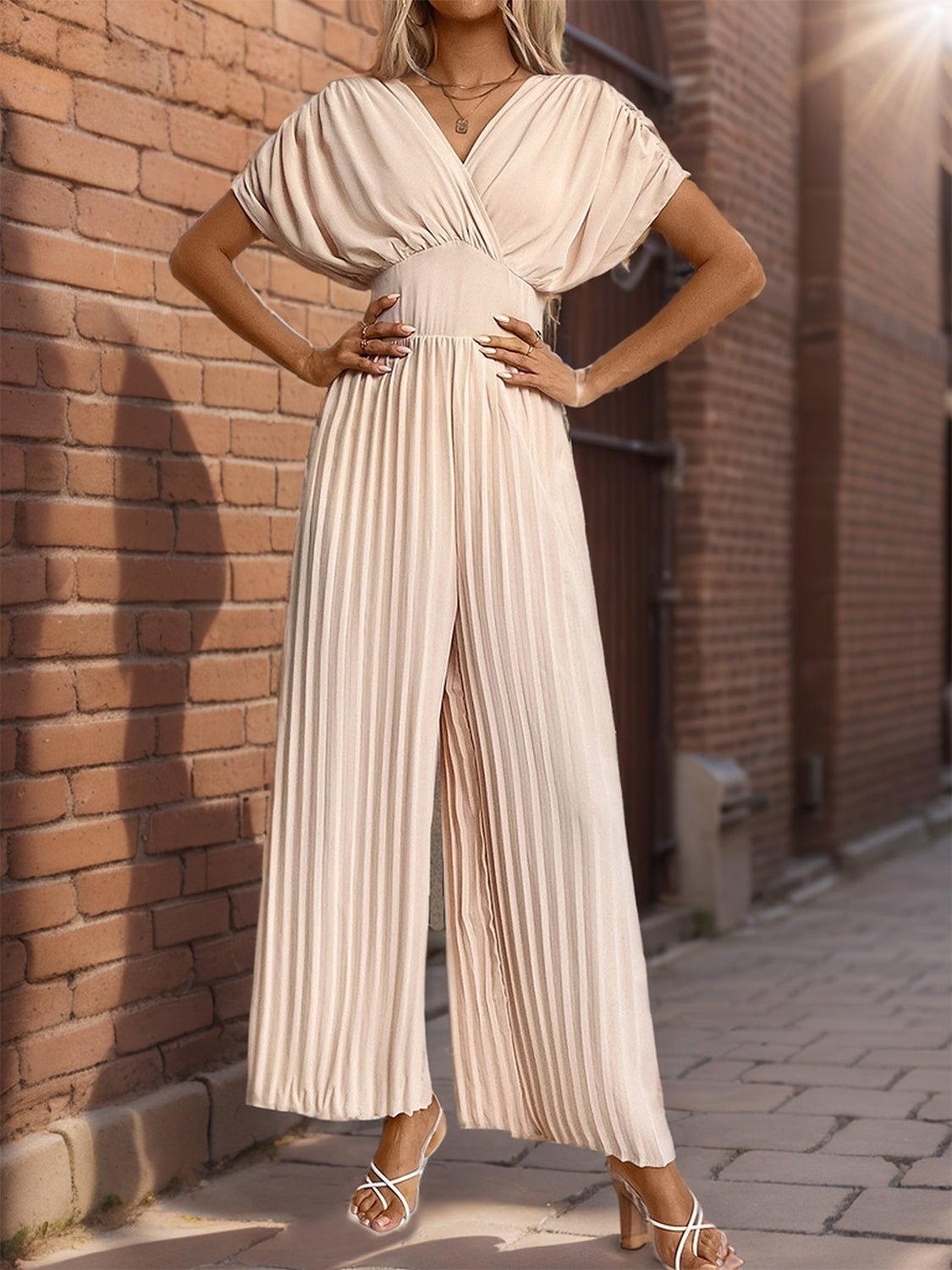 Pleated Short Sleeve Wide Leg Jumpsuit - Flip Flop Dynasty