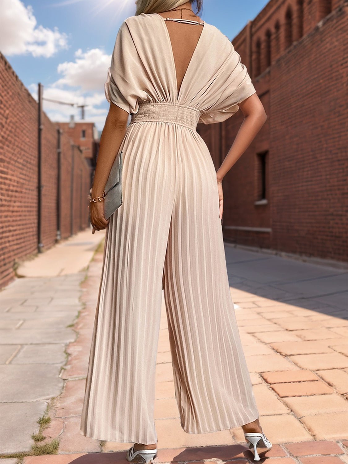 Pleated Short Sleeve Wide Leg Jumpsuit - Flip Flop Dynasty