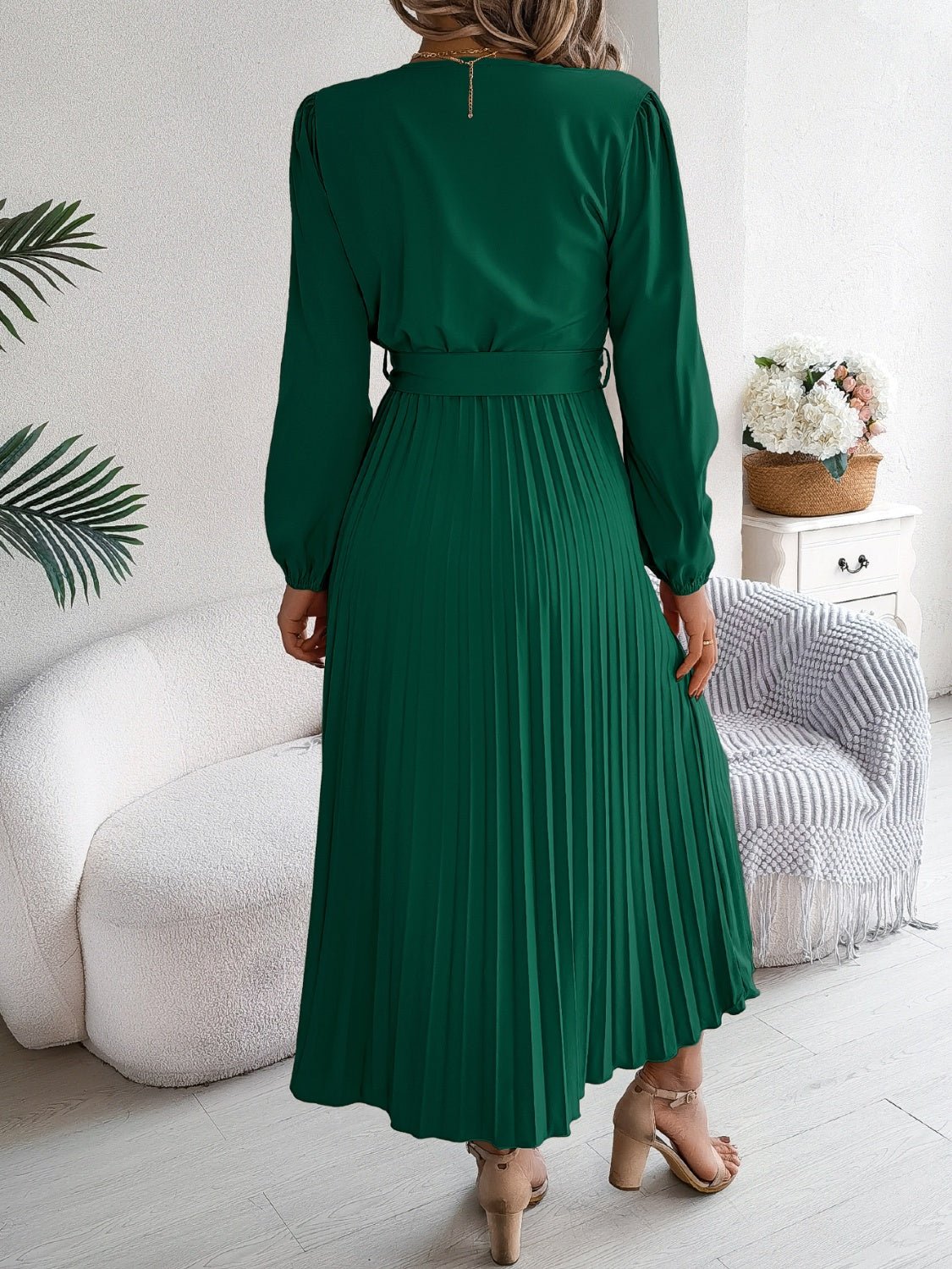 Pleated Tied V - Neck Long Sleeve Dress - Flip Flop Dynasty