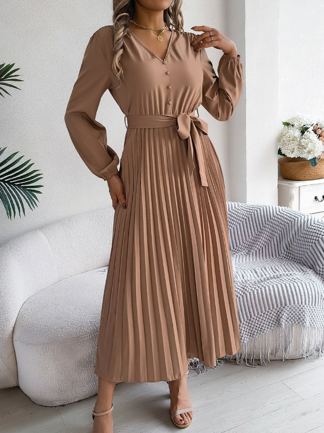 Pleated Tied V - Neck Long Sleeve Dress - Flip Flop Dynasty