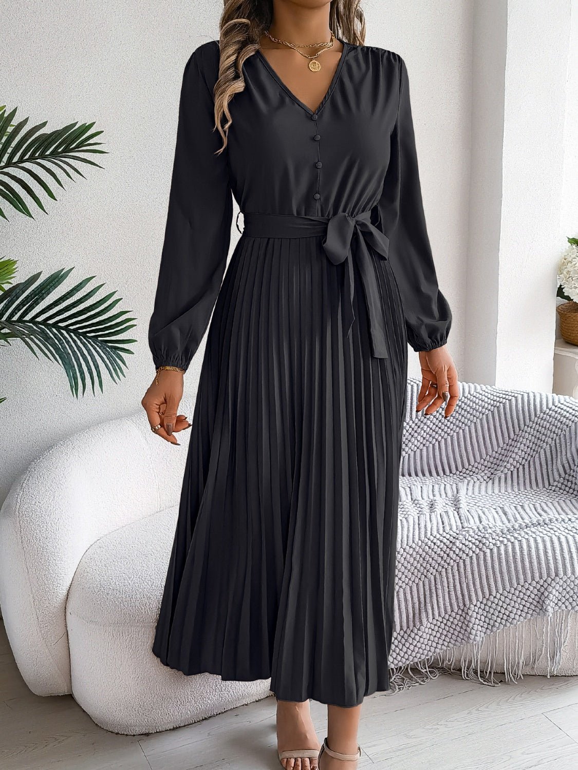 Pleated Tied V - Neck Long Sleeve Dress - Flip Flop Dynasty
