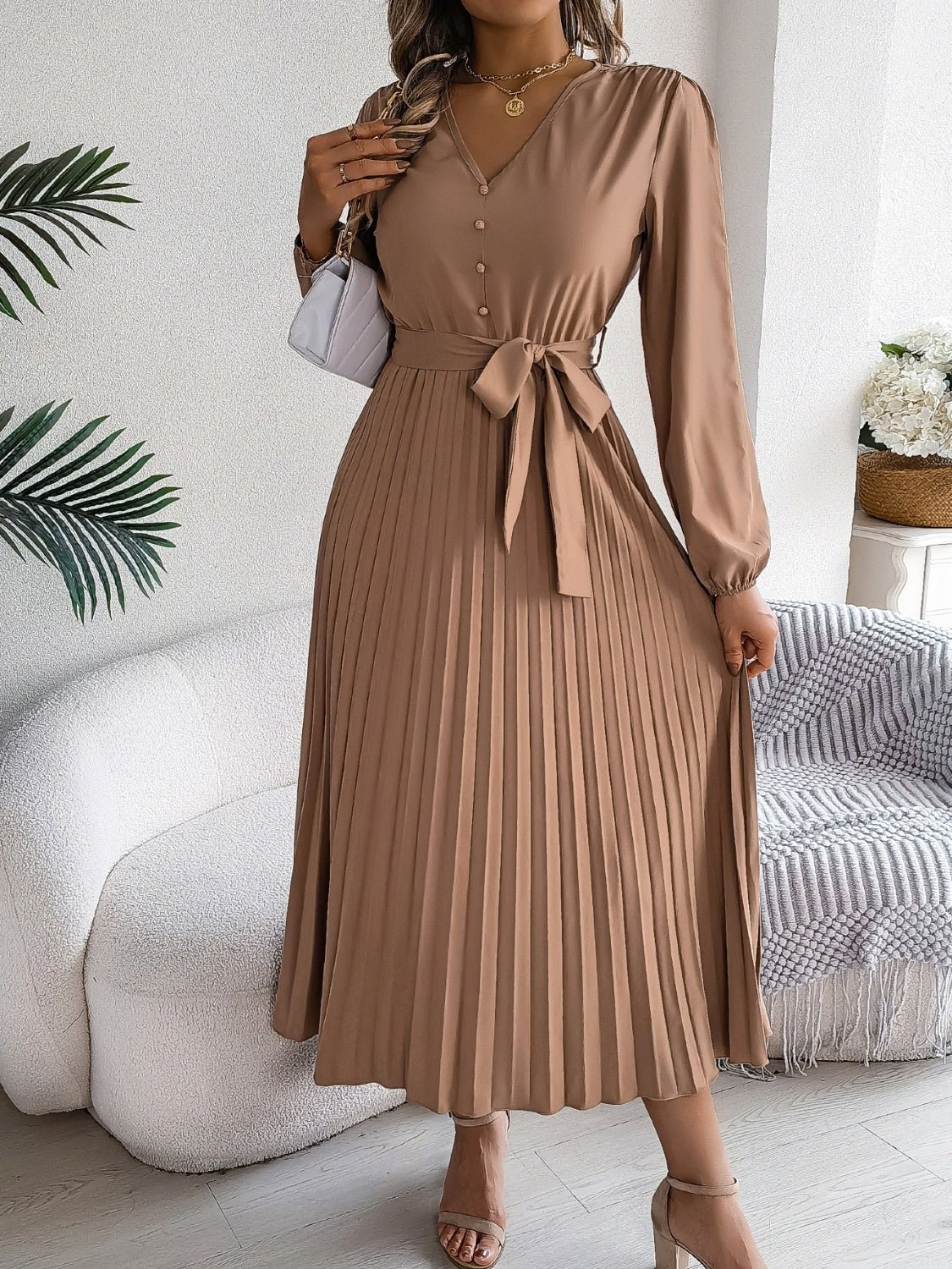 Pleated Tied V - Neck Long Sleeve Dress - Flip Flop Dynasty