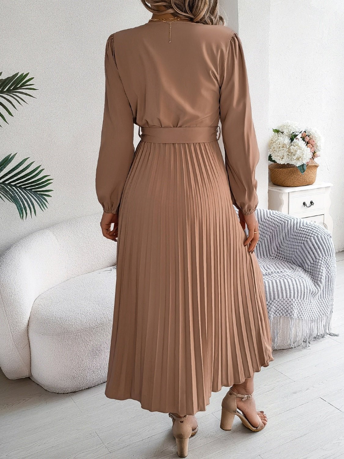 Pleated Tied V - Neck Long Sleeve Dress - Flip Flop Dynasty
