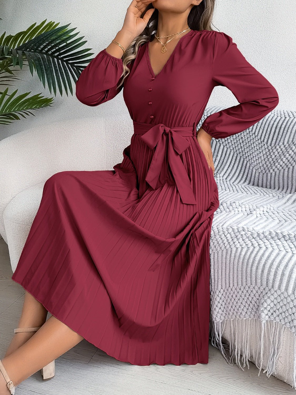 Pleated Tied V - Neck Long Sleeve Dress - Flip Flop Dynasty
