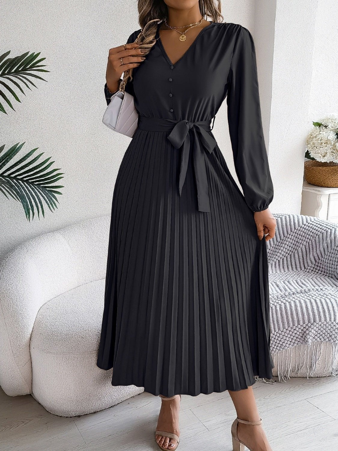 Pleated Tied V - Neck Long Sleeve Dress - Flip Flop Dynasty