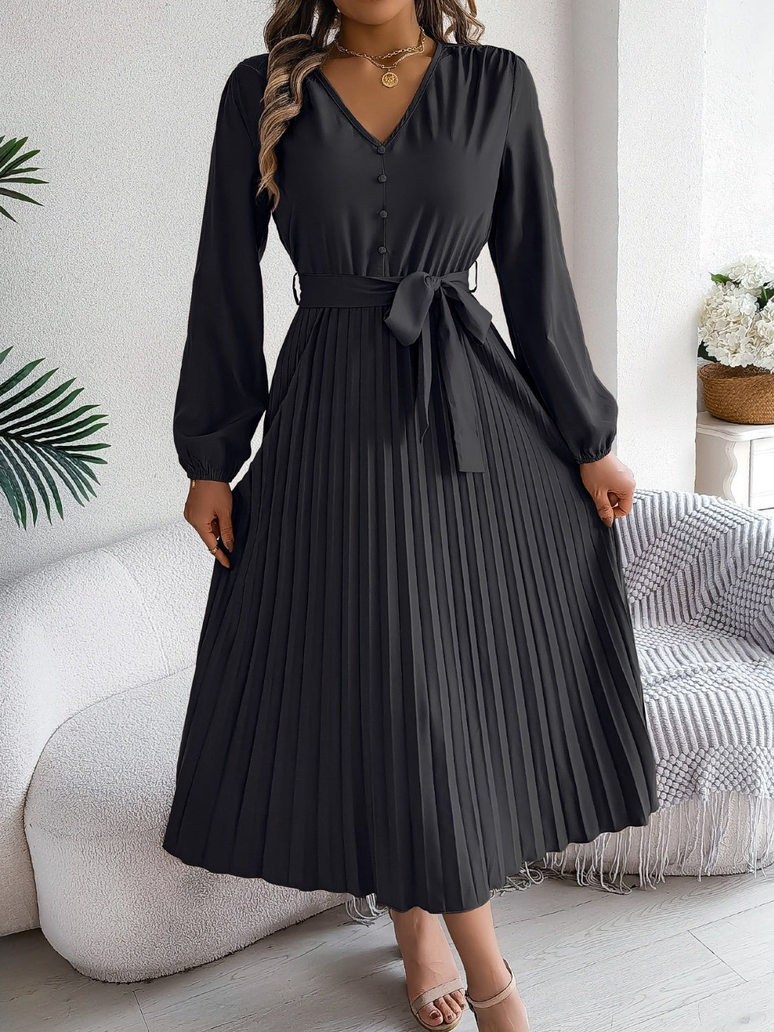 Pleated Tied V - Neck Long Sleeve Dress - Flip Flop Dynasty