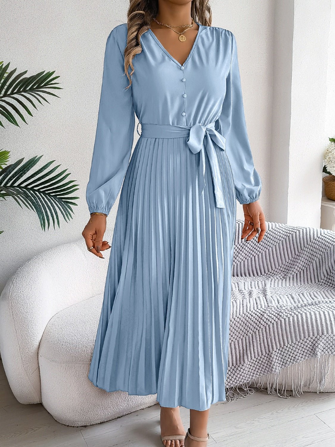 Pleated Tied V - Neck Long Sleeve Dress - Flip Flop Dynasty