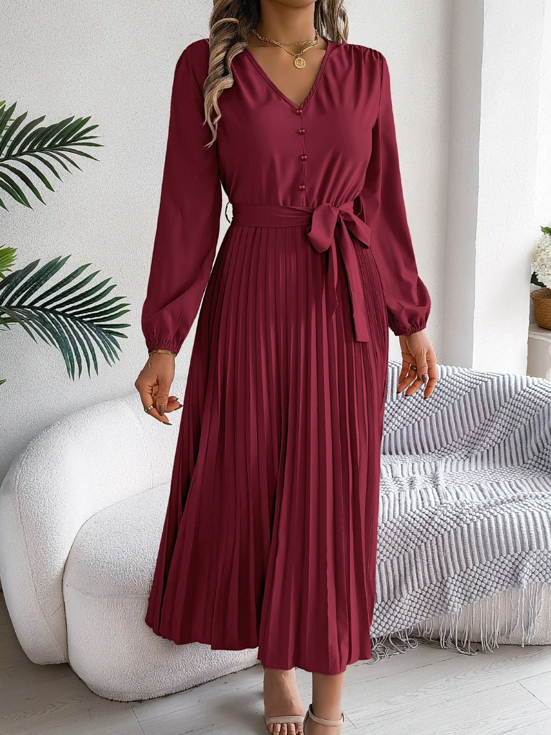 Pleated Tied V - Neck Long Sleeve Dress - Flip Flop Dynasty
