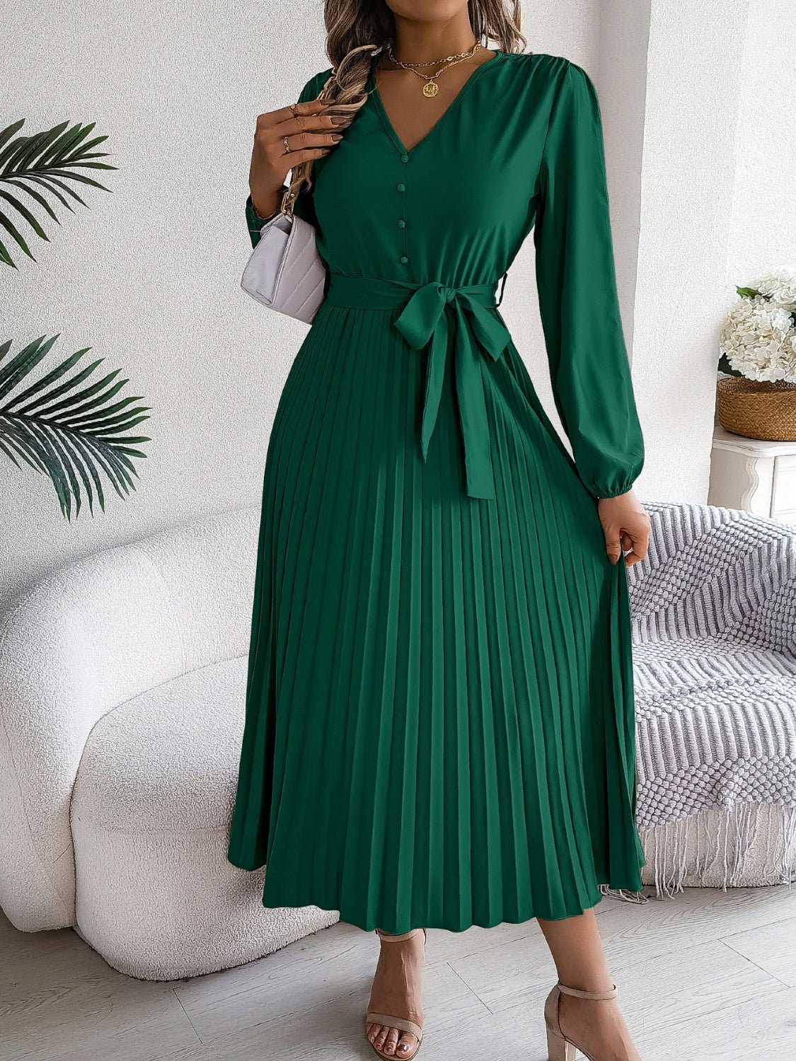 Pleated Tied V - Neck Long Sleeve Dress - Flip Flop Dynasty