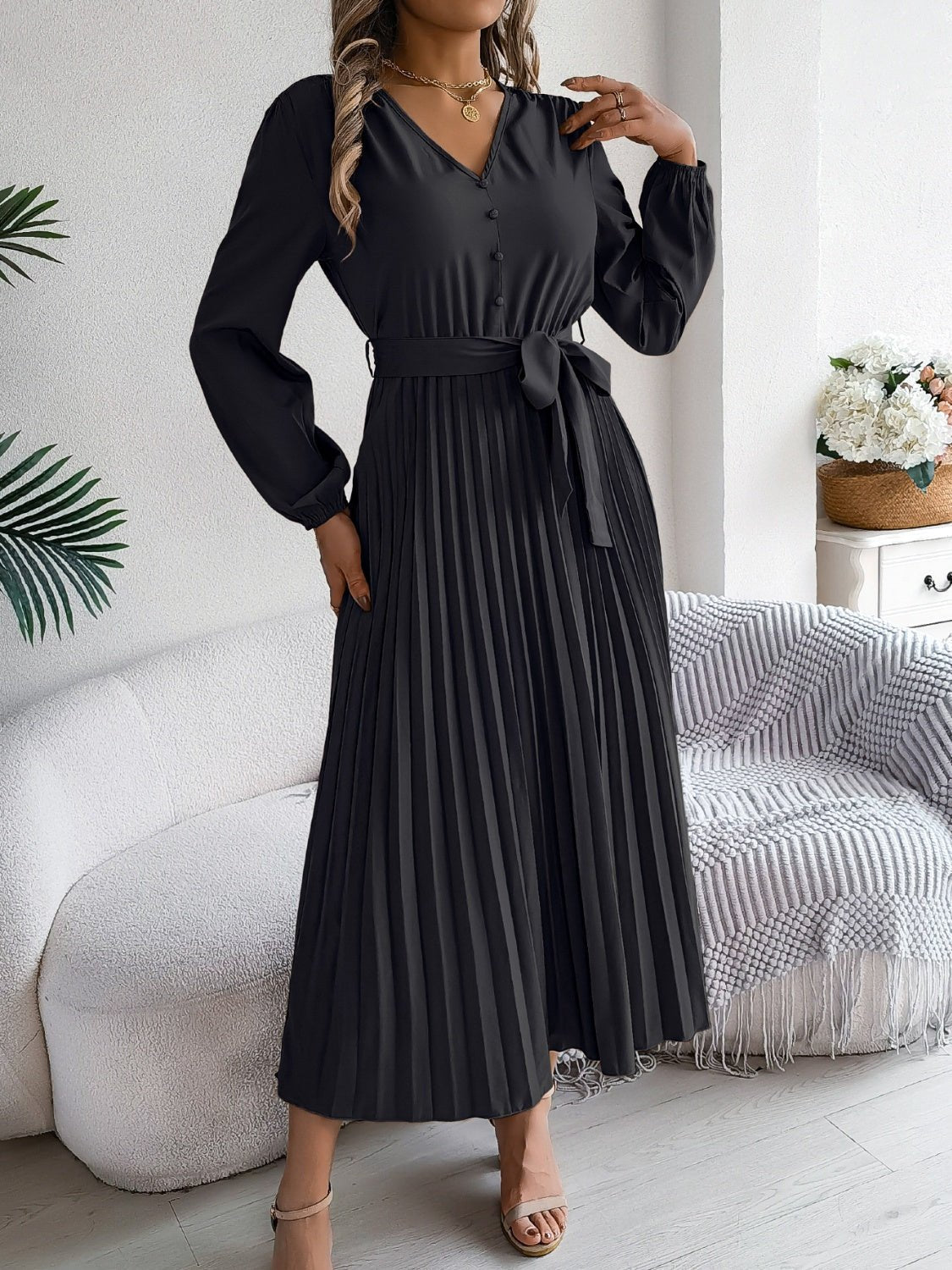 Pleated Tied V - Neck Long Sleeve Dress - Flip Flop Dynasty