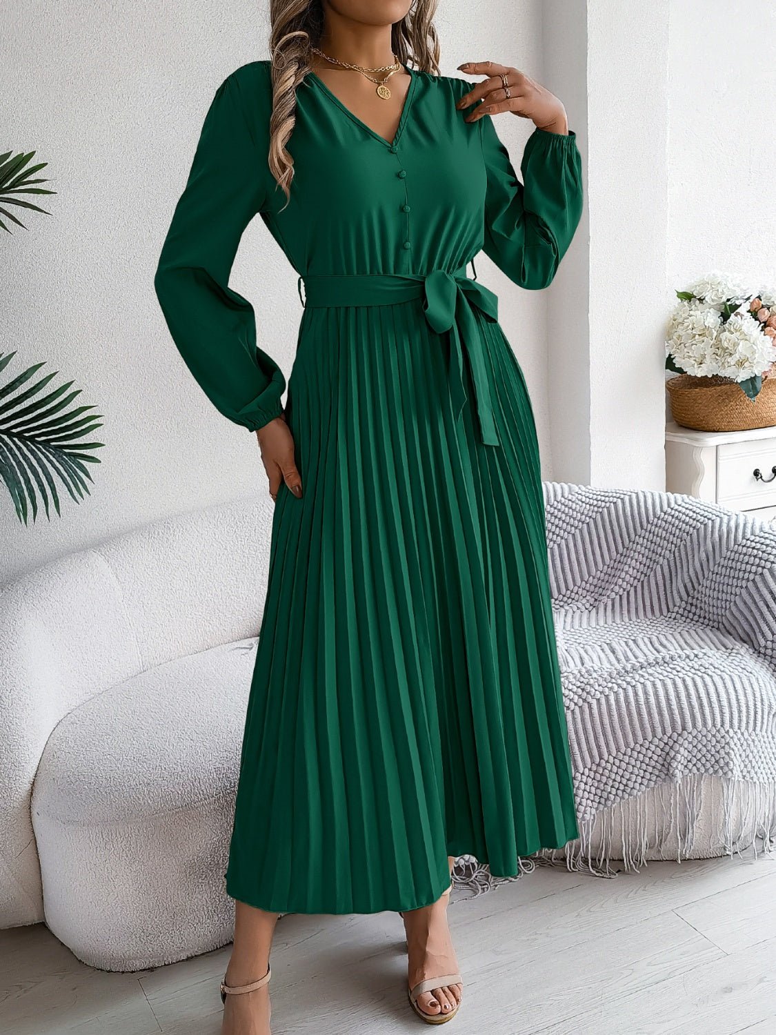 Pleated Tied V - Neck Long Sleeve Dress - Flip Flop Dynasty