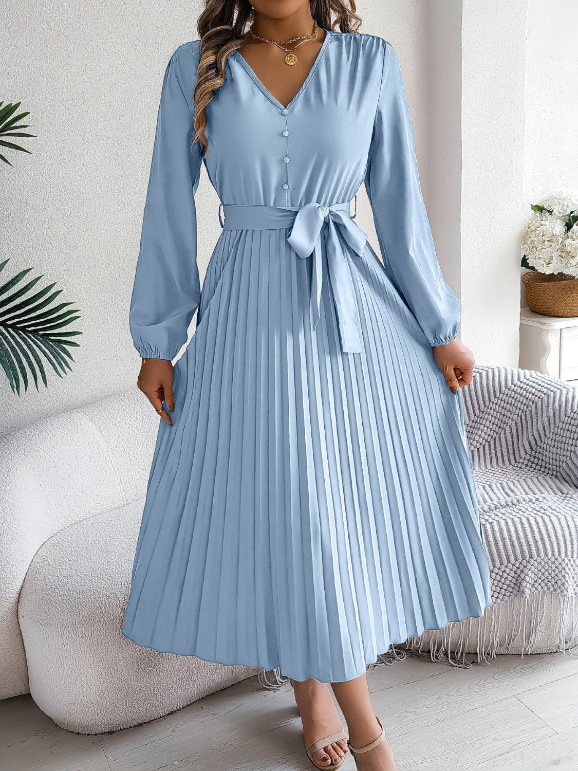 Pleated Tied V - Neck Long Sleeve Dress - Flip Flop Dynasty
