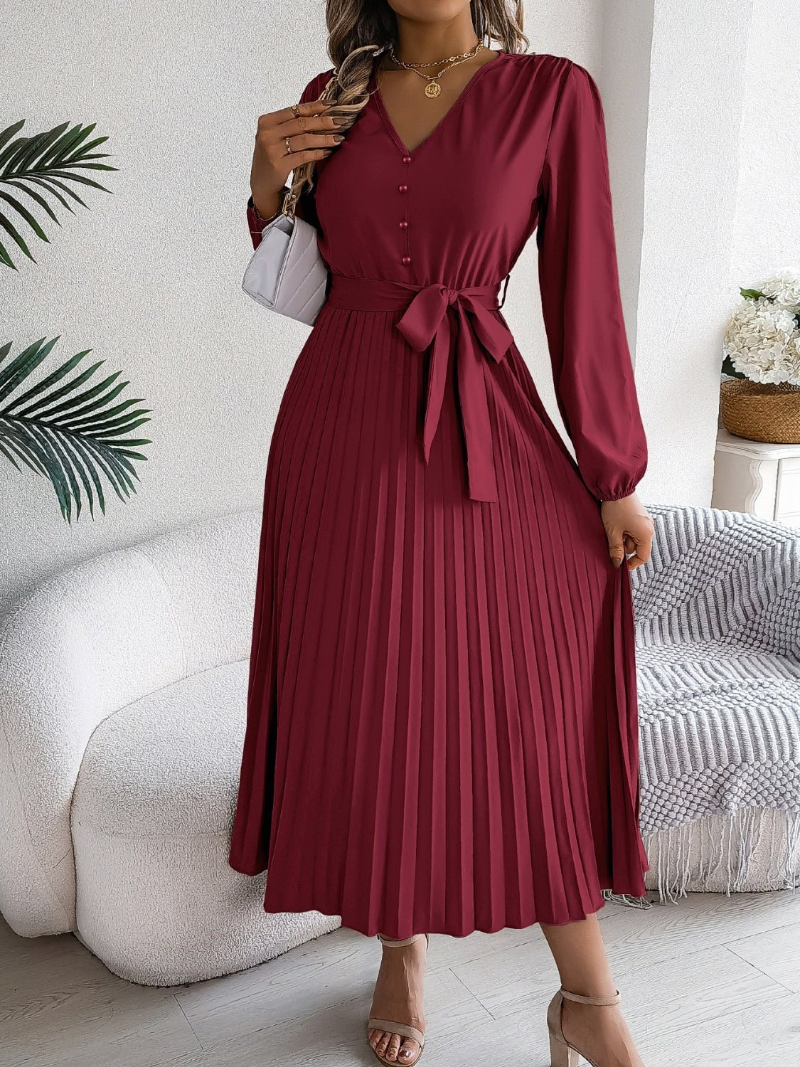 Pleated Tied V - Neck Long Sleeve Dress - Flip Flop Dynasty