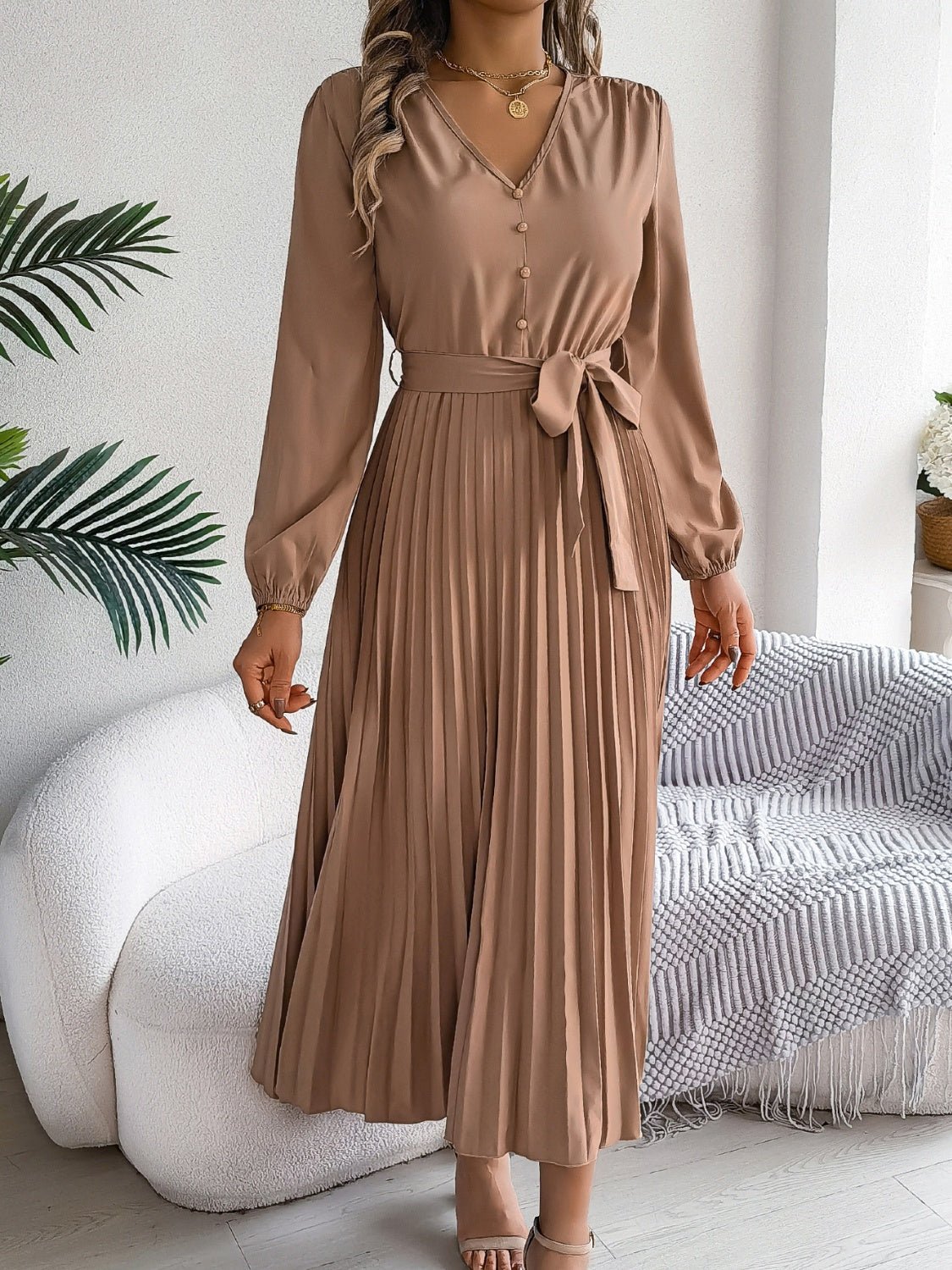 Pleated Tied V - Neck Long Sleeve Dress - Flip Flop Dynasty