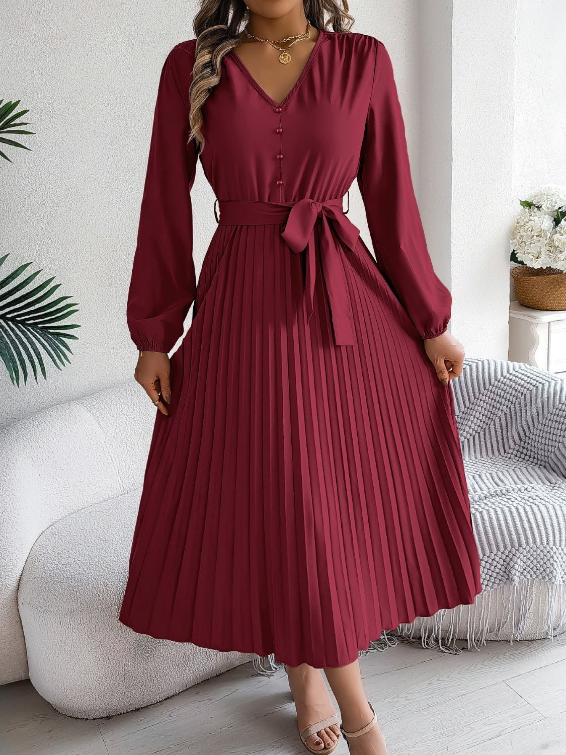 Pleated Tied V - Neck Long Sleeve Dress - Flip Flop Dynasty