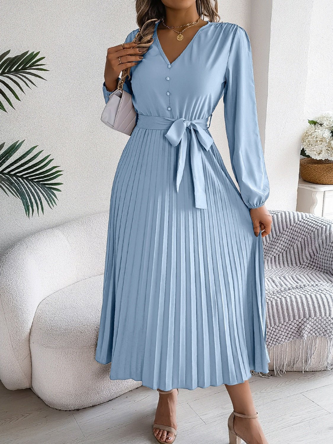 Pleated Tied V - Neck Long Sleeve Dress - Flip Flop Dynasty