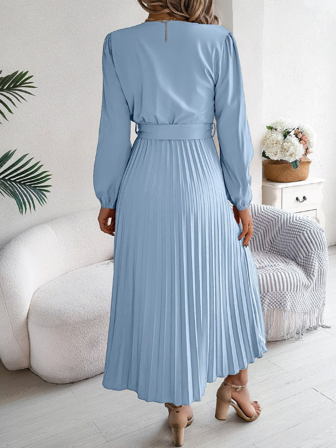 Pleated Tied V - Neck Long Sleeve Dress - Flip Flop Dynasty