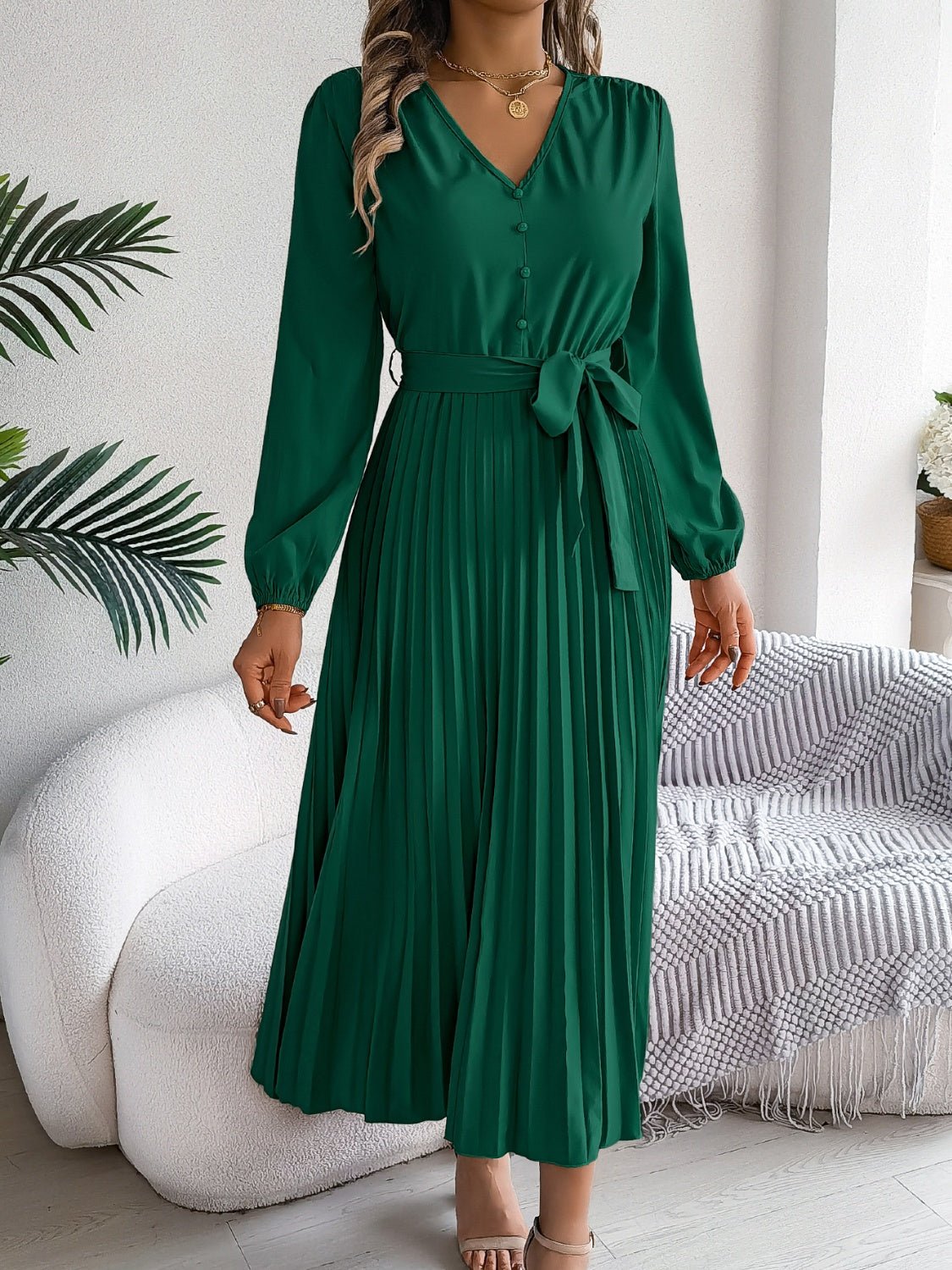 Pleated Tied V - Neck Long Sleeve Dress - Flip Flop Dynasty