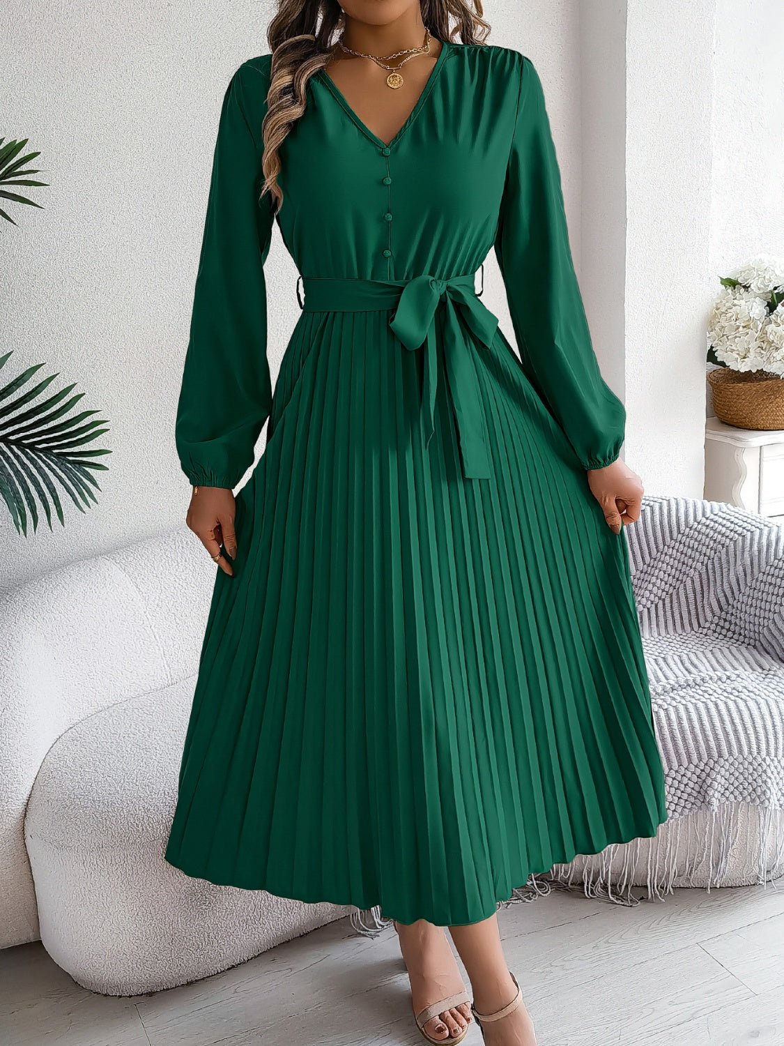 Pleated Tied V - Neck Long Sleeve Dress - Flip Flop Dynasty