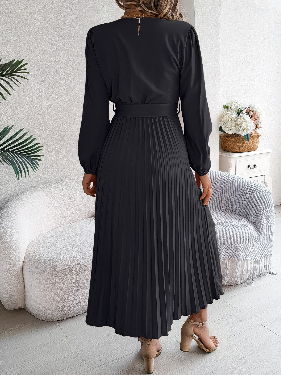 Pleated Tied V - Neck Long Sleeve Dress - Flip Flop Dynasty