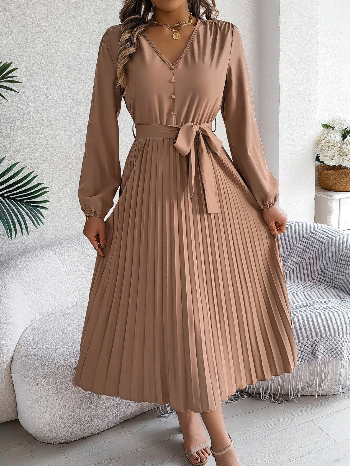 Pleated Tied V - Neck Long Sleeve Dress - Flip Flop Dynasty