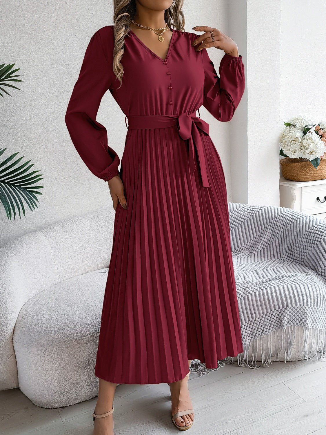 Pleated Tied V - Neck Long Sleeve Dress - Flip Flop Dynasty