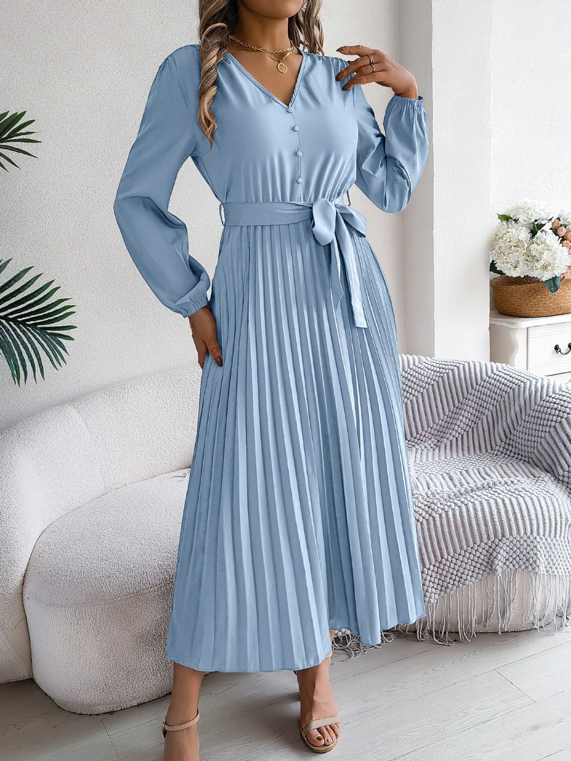 Pleated Tied V - Neck Long Sleeve Dress - Flip Flop Dynasty