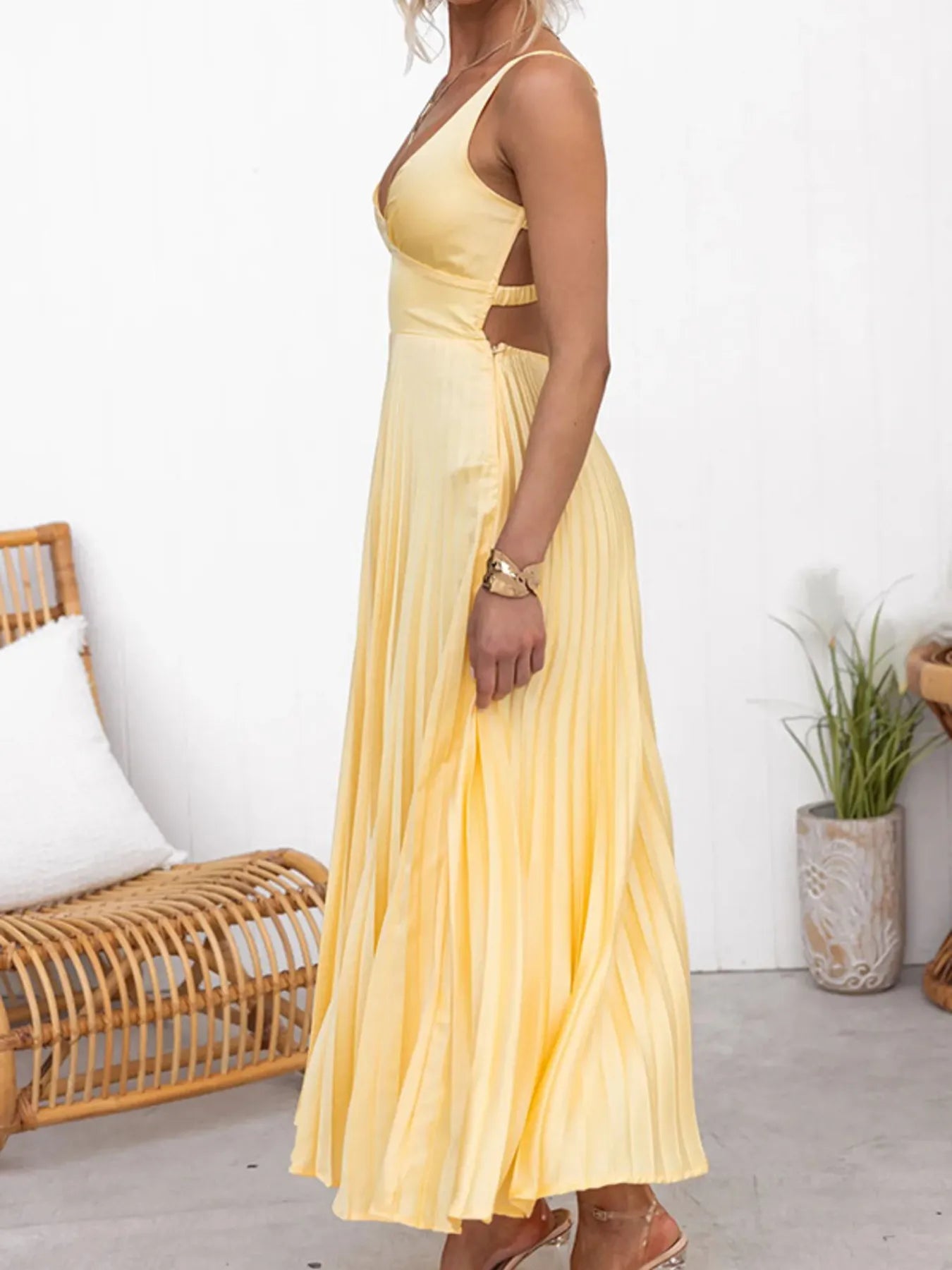 Pleated V - Neck Sleeveless Maxi Dress - Flip Flop Dynasty