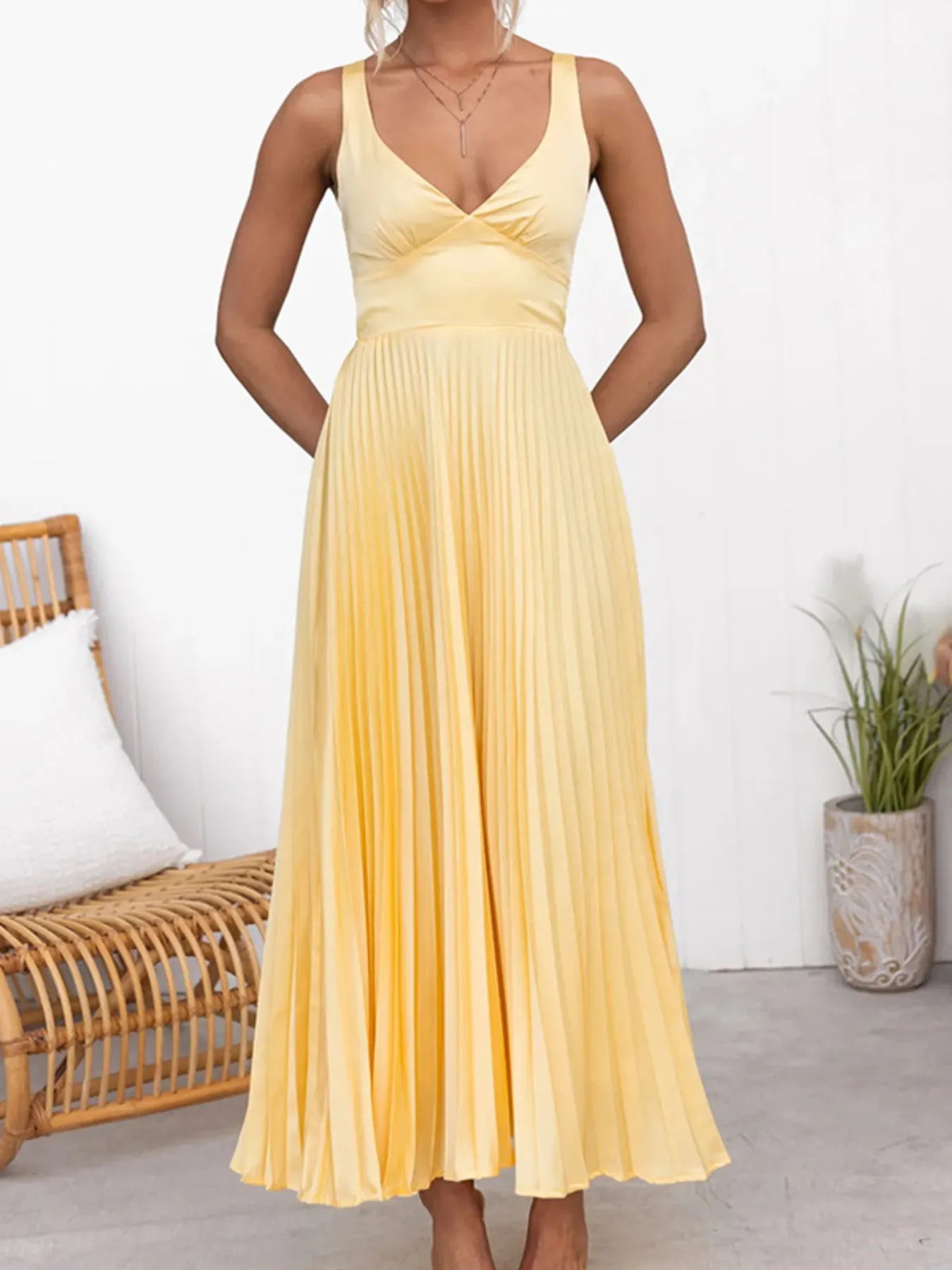Pleated V - Neck Sleeveless Maxi Dress - Flip Flop Dynasty