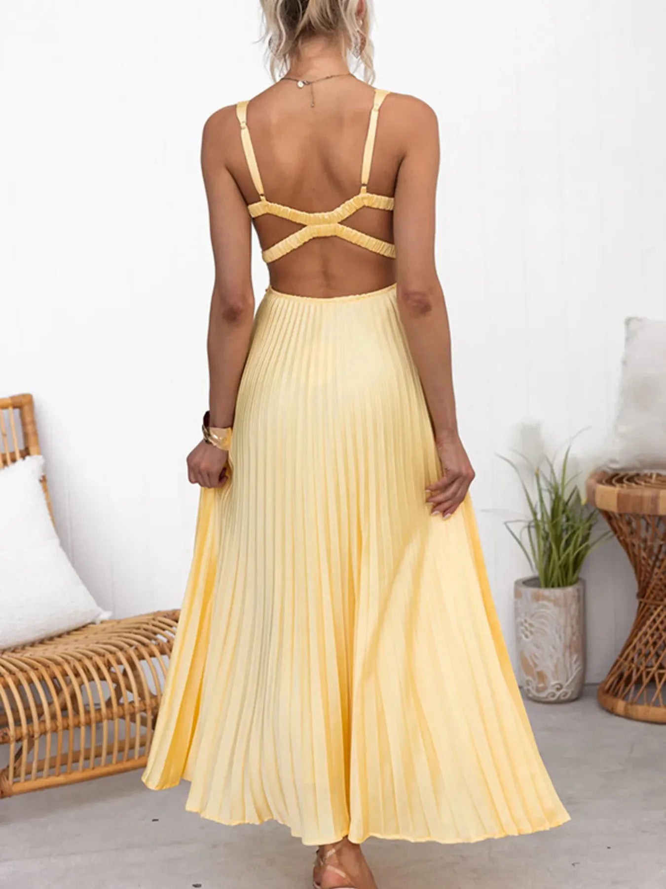 Pleated V - Neck Sleeveless Maxi Dress - Flip Flop Dynasty