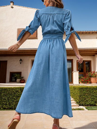 Plunge Button Up Half Sleeve Denim Dress - Flip Flop Dynasty
