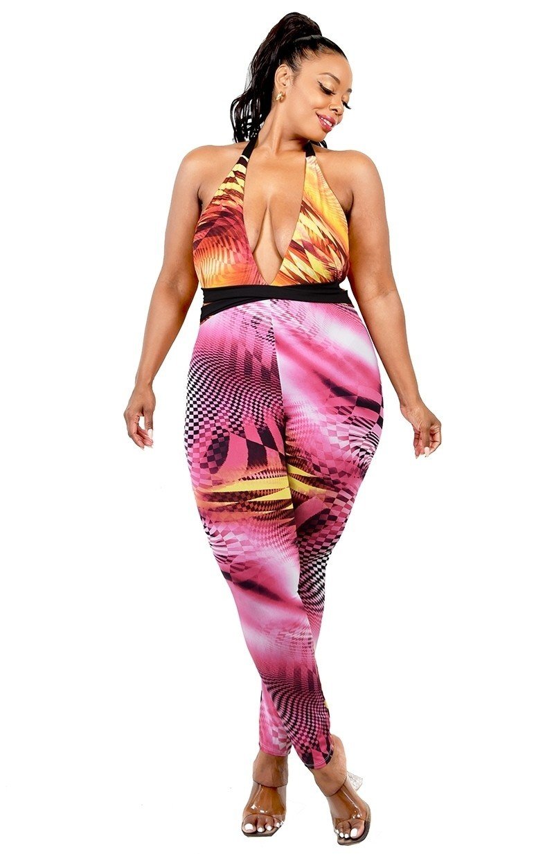 Plus Color Pattern Criss Cross Mock Neck Jumpsuit - Flip Flop Dynasty