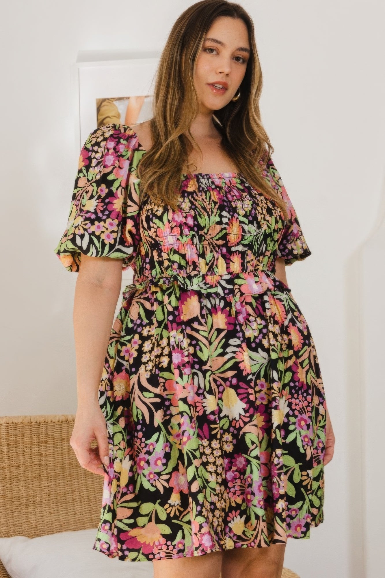 Plus Floral Printed Center Tie - back Mini Dress - Flip Flop Dynasty