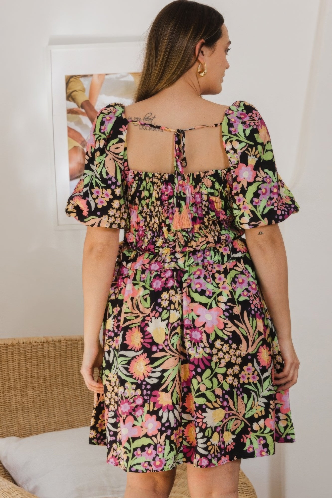 Plus Floral Printed Center Tie - back Mini Dress - Flip Flop Dynasty