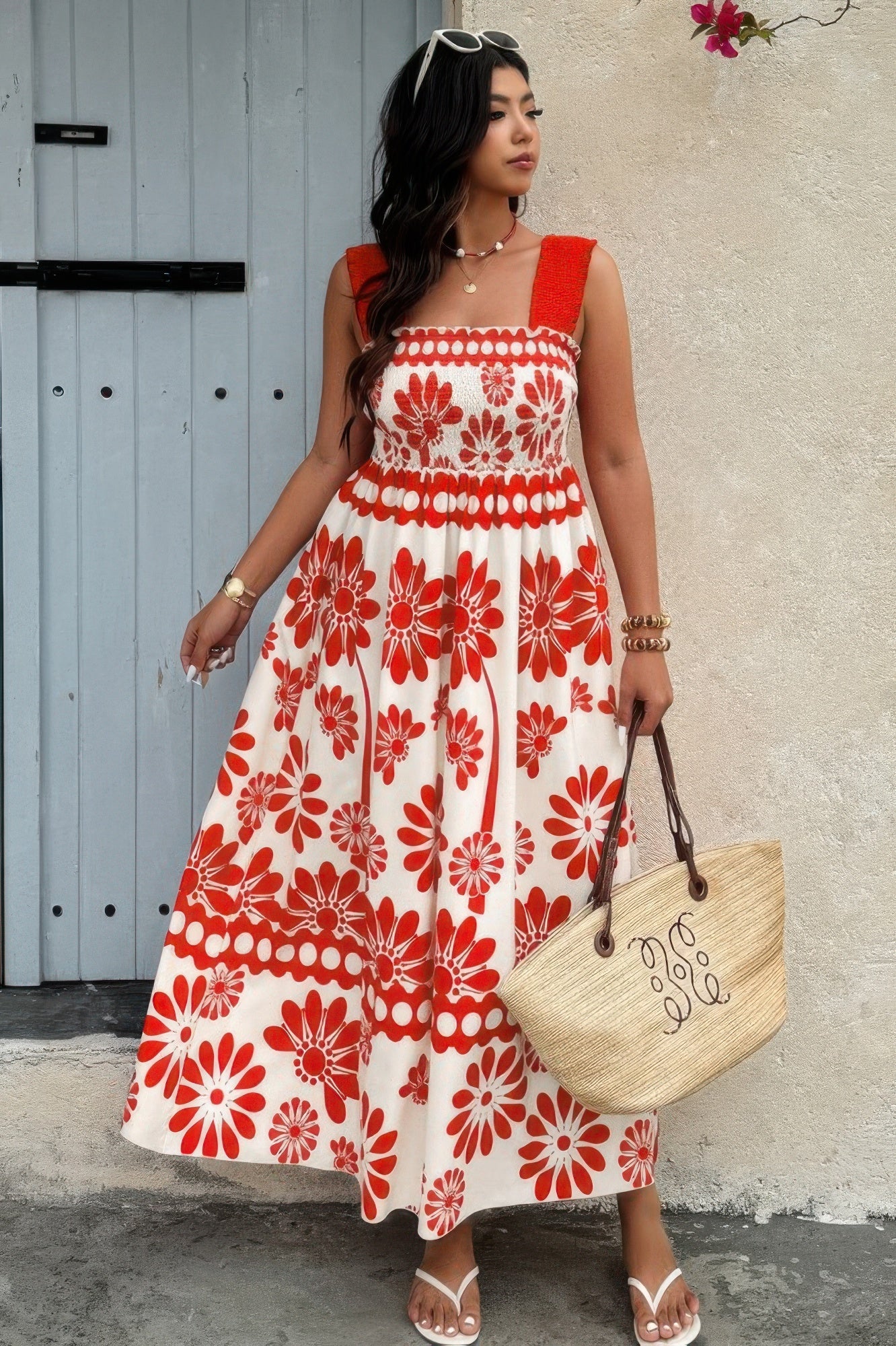 Plus Floral Printed Square Neck Wide Strap Dress - Flip Flop Dynasty
